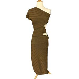 Cult Gaia NWT Lurenz Knit Dress Mocha Brown Midi Cutouts Gold Rings $518 Size M